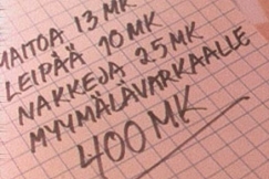 Kuva: Kauppalista, jossa kerrotaan, ett� myym�l�varkaalle annetaan 400 markkaa. YLE kuvanauha.