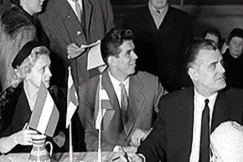 Kuva: Ansa Ikonen, Tarmo Manni ja Tauno Palo Suomi-Unkari-seuran j�rjest�m�ss� ker�ystapahtumassa SPR:n hyv�ksi. YLE kuvanauha/Lii-filmi.