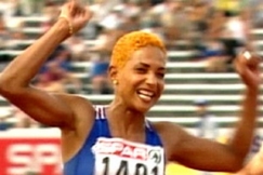 Kuva: Christine Arron voittaa naisten 100 metrin Euroopan mestaruuden. (1998) YLE kuvanauha.