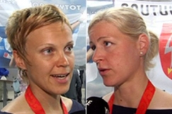 Kuva: Sanna St�n ja Minna Nieminen kotiinpaluujuhlassa. (2008) YLE kuvanauha.