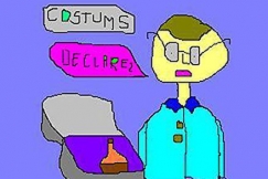 Kuva: Piirros tullivirkailijasta. Piiros: Seija Aunila.