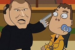 Kuva: Ry�st�j� osoittaa aseella P�ysti�. YLE kuvanauha. 