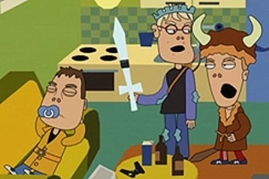 Kuva: K�ysti P�ysti ja kaksi larppaajaa. YLE kuvanauha. 