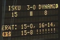 Kuva: Isku-Dynamo-ottelun tulostaulu. (1991) YLE kuvanauha.