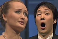 Kuva: VI Mirjam Helin -laulukilpailun voittajat Julia Lezhneva ja Kihwan Sim (2009). YLE kuvanauha.