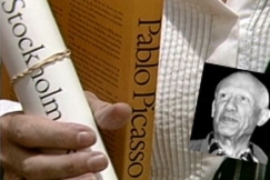 Kuva: Iso kuva: Picasso-n�yttelyn avajaiset Tukholmassa (1988). YLE kuvanauha. Pieni kuva: Pablo Picasso (1960). AP Graphics Bank.