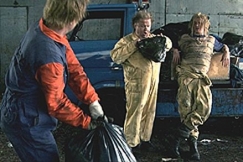 Kuva: Roskakuskit (Ruonansuu, R�in�, Toivonen)ty�ss��n. YLE kuvanauha