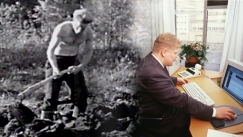 Kuva: Mies pellolla ja mies tietokoneella. Kuvank�sittely: Heidi Sommar (2010)