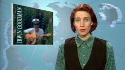 Kuva: Uutistenlukija Marjukka Havum�ki, taustalla valokuva Irwin Goodmanista.