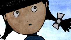 Kuva: Tiina Halosen animaatiohahmo Mytt� katselee sateenkaarta (1982). YLE kuvanauha.