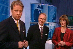 Kuva: Matti Rnk, Kari Toivonen ja Eva Polttila 1999. Kuva: YLE kuvanauha.