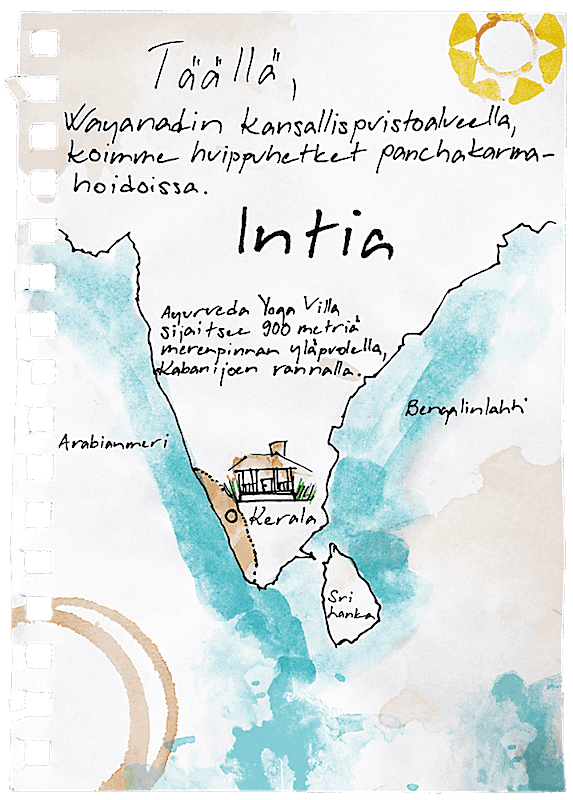 Täällä, Wayanadin kansallispuistoalueella, koimme huippuhetket panchakarma-hoidoissa. KARTTA. Intia. Ayurveda Yoga Villa sijaitsee 900 metriä merenpinnan yläpuolella, Kabanijoen rannalla. KERALA.